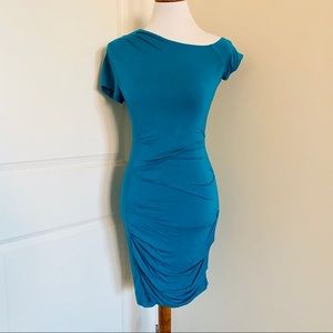 Bebe Cinched Bodycon Asymmetric Sexy Blue Dress